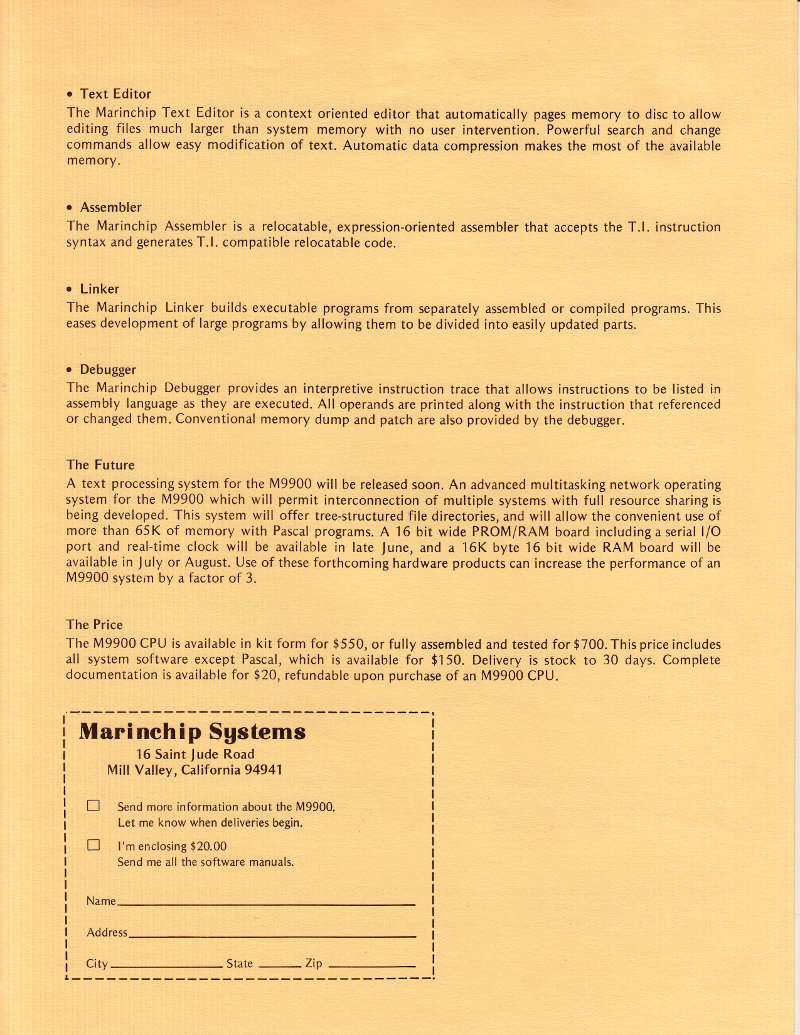 M9900 CPU Brochure (March 1978) Back