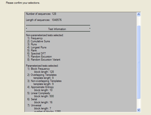 NIST Test Suite Configuration: Parameter Confirmation