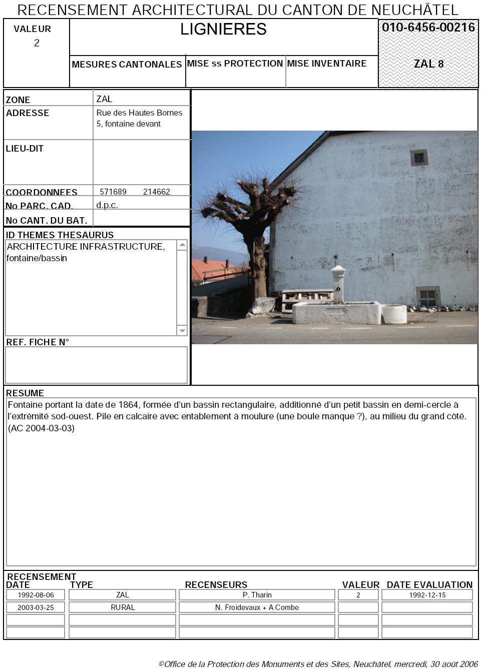 Recensement architectural du canton de Neuchâtel: Fiche 010-6456-00216