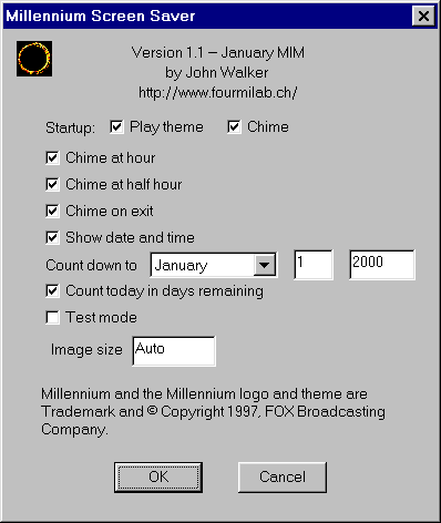 Millennium screen saver configuration dialogue