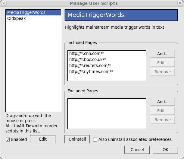 Manage User Scripts dialogue